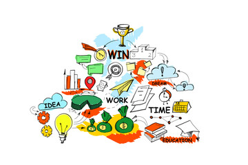 Aufkleber - A colorful hand-drawn collage related to business, education, and success concepts, on a white background