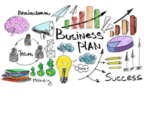 Sticker - Hand-drawn business concept sketches on a white background, including graphs, lightbulb, and money symbols