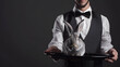 Easter rabbit in suit and tie with smoke on dark green background
 .Generative AI