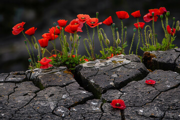 Wall Mural - Old war monument holds a collection of poppies growing through cracks  Memorial Day.