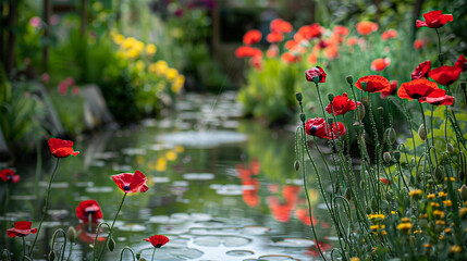 Wall Mural - Poppy garden and reflective pond designed  quiet meditation on Memorial Day.