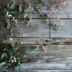 Wall Mural - Calm setting jade, blush berries on aged wood.