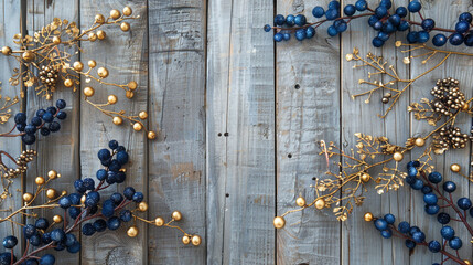 Wall Mural - Chic Memorial Day gold, navy berries on distressed wood.