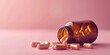 A bottle of pills is open and scattered on a pink background