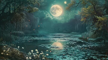 mystical lake under the full moon in an enchanted forest setting seamless looping 4k time-lapse virt