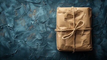 Brown paper package wrapped tied twine on blue stone table concept delivery shipment