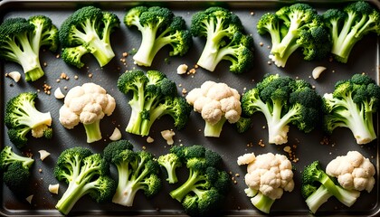 Broccoli and cauliflower florets on a sheet pan ready to be roasted with spices, bread crumbs and olive oil
