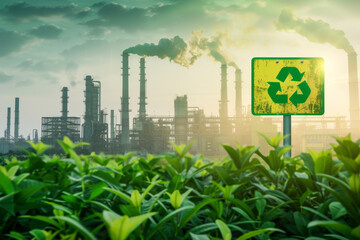 Wall Mural - A sign with a green recycling symbol is in front of a large industrial plant