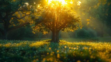 Wall Mural - A tree in the middle of a field with sun shining through.