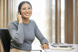 Portrait, woman and happy at call center for customer or client support and service. Office, crm and advisor or consultant in smile or pride and satisfied with advice, career opportunity and growth