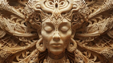 Wall Mural - wooden wall art sculpture of psychedelic indian art based on ancient indian hindu architecture, Hindu god