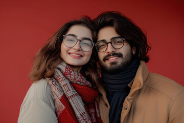couple in warm wear on red background