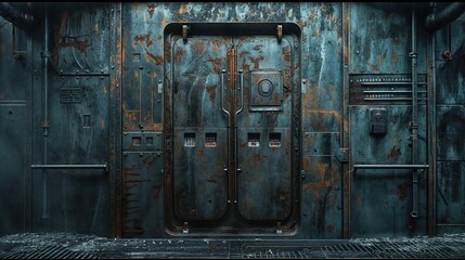 futuristic sci-fi metal door in an aged industrial setting