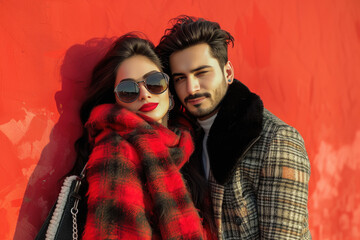 Poster - couple in warm wear on red background