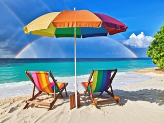 Umbrella, chairs, sea and sand, rainbow, tropical vacation concept