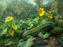 A Field Of Yellow Flowers And Cucumbers.