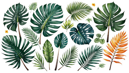 Wall Mural - tree tropical watercolor style hawaii palm leaves illustration drawing ribbon tape splash tropics summer travel plant leaf floral beach hawaiian brazil succulent exotic jungle botanical flora flower