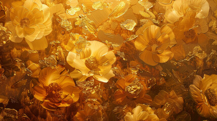 Wall Mural - A painting of a field of yellow flowers with a bright sun shining on them