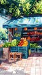 Vegetable market stall flat design front view local produce theme water color Triadic Color Scheme