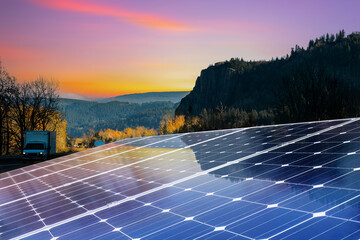 Wall Mural - Solar panel over cityscapes, solar power green energy for life concept