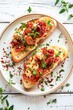 Gourmet Bruschetta With Melted Cheese and Sun-Dried Tomatoes on a Rustic White Plate