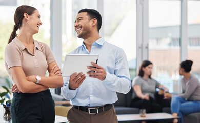 Canvas Print - Businesswoman, man and tablet in laugh, happy and office for collaboration or teamwork as colleagues. Group, people and tech for digital, online and workplace as coworkers in conversation at job