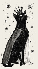 A charming vintage illustration featuring a black cat adorned with a crown and cape, surrounded by stars and exuding a sense of happiness. This simple line drawing captures of a tattoo design idea