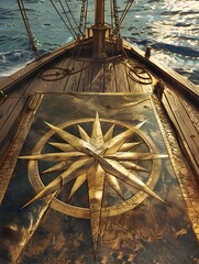 Vintage Wooden Sailing Ship Navigating the Open Ocean with Compass