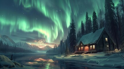 a rustic wooden cabin with a clear view of the aurora borealis, surrounded by pine trees and snow