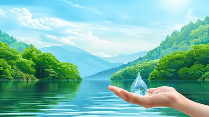 Wall Mural - A hand holding a water droplet in front of a body of water