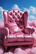 a luxurious vintage armchair in the sky with white and pink clouds