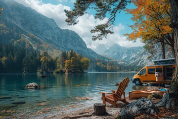 A picturesque setting with a yellow camper van by an alpine lake, wooden chairs out front, ideal for breathtaking views