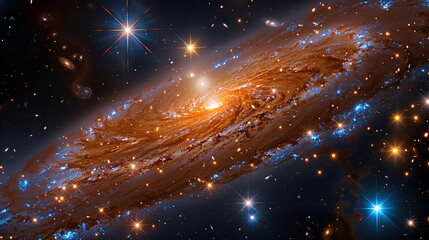 Wall Mural - a spiral galaxy with a bright orange center and blue and white stars
