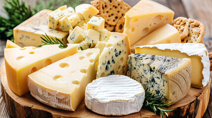 Wall Mural - A wooden board with a variety of cheeses and crackers