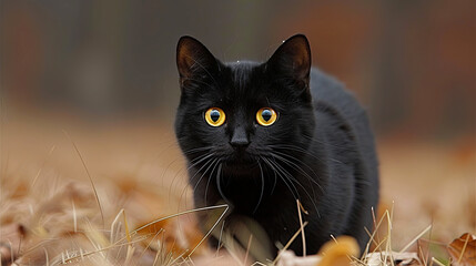 Wall Mural - A black cat with yellow eyes is walking through a field of yellow leaves