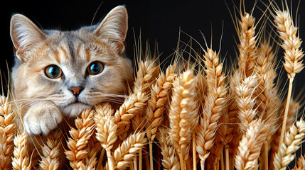 A cat is laying in a field of wheat
