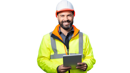 Portrait of engineer construction man holding digital tablet or computer notebook. Image of industry. White transparent background.