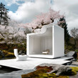 A haven of peace awaits. Sunlight filters through cherry blossoms, illuminating a minimalist pavilion in a serene Japanese garden.