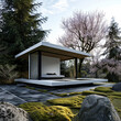 Modern minimalist pavilion in a Japanese garden. Soft pink cherry blossoms frame a serene sanctuary bathed in afternoon sunlight.