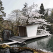 A haven of peace awaits. Sunlight filters through cherry blossoms, illuminating a minimalist pavilion in a serene Japanese garden.