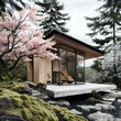 Modern Zen Retreat. A minimalist pavilion bathed in sunlight, nestled amidst a sea of cherry blossoms in a serene Japanese garden.