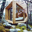 Modern Zen Retreat. A minimalist pavilion bathed in sunlight, nestled amidst a sea of cherry blossoms in a serene Japanese garden.