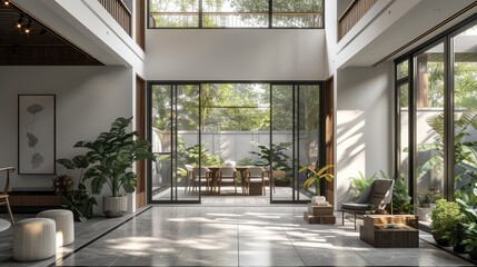 Poster - A Chinese style courtyard house with white walls and black tiles, floor-to-ceiling windows, a dining table, chairs, coffee tables, and plants. Generative AI.
