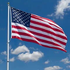 Wall Mural - USA flag waving atop pole against cloudy sky, AI-generated.