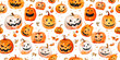 Seamless Halloween design with different funny orange pumpkins on a white background, Background, pattern, watercolor Halloween illustration, wrapping paper or textile