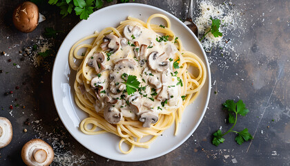 Sticker - Creamy-cheese-mushroom sauce on spagetti in in the middle A white plate with, top view