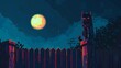 © Parintron - The image shows a cat sitting on a fence, looking at the moon. The moon is large and orange, and the sky is dark blue. The cat is black and white, and the fence is made of wood.