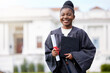 University, portrait or happy black woman at campus for graduation, event or phd, certificate or diploma success outdoor. Education, college or gen z student smile for future, career or learning goal