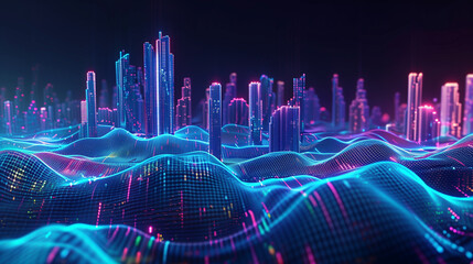 Wall Mural - Vibrant Neon Light Waves Flowing Over a Futuristic Digital Cityscape