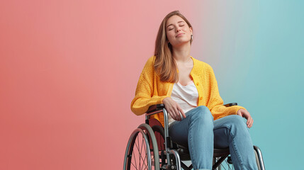 Young woman in a wheelchair on color background